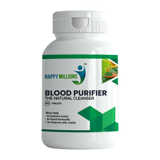 HappyMillions Blood Purifier Tablets: The Ayurvedic Four — Neem, Giloy, Amla, and Turmeric — Working Together for Clear Skin, Liver Health, and Immunity