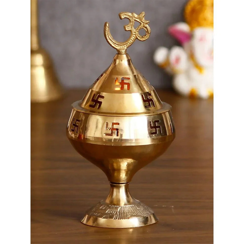 eCraftIndia Gold-Toned Om and Swastik Brass Diya: A Traditional Touch of Light for Your Pooja Space