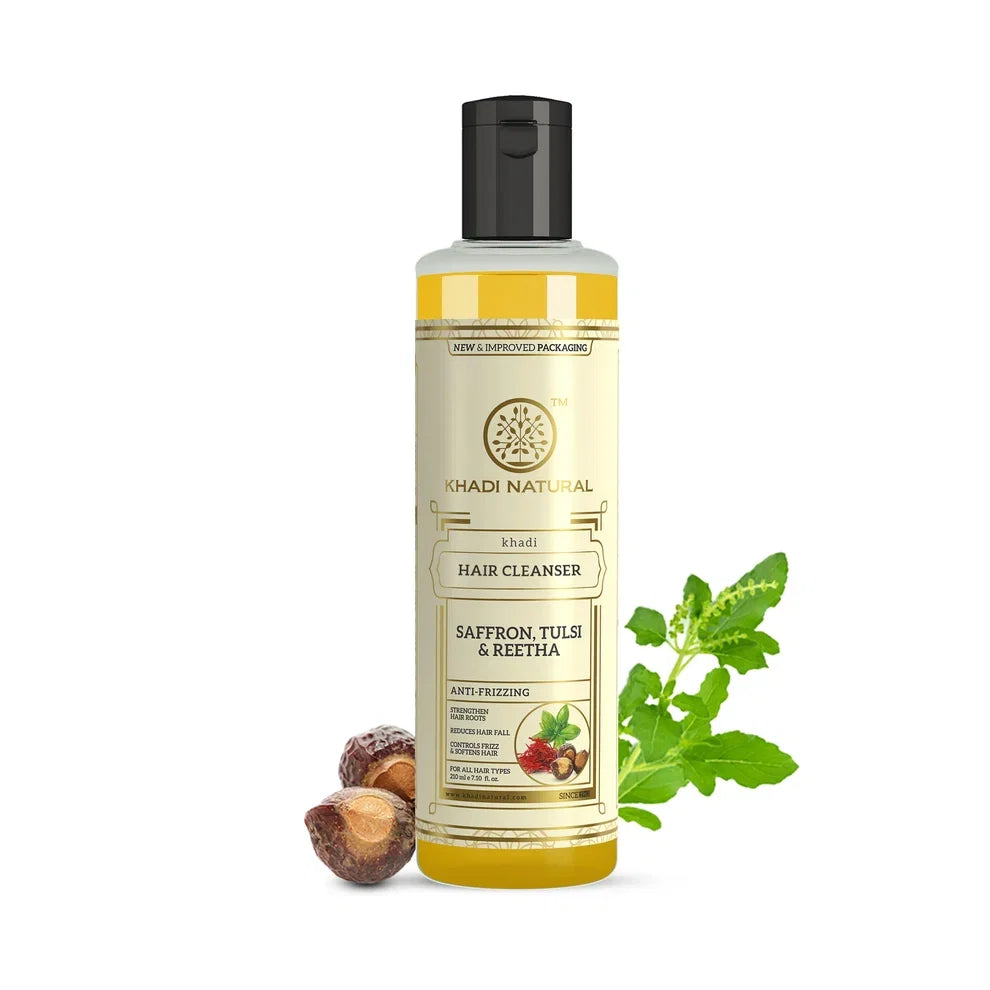 Khadi Natural Saffron Tulsi & Reetha Hair Cleanser – Herbal Hair Care for Strong, Smooth & Shiny Hair