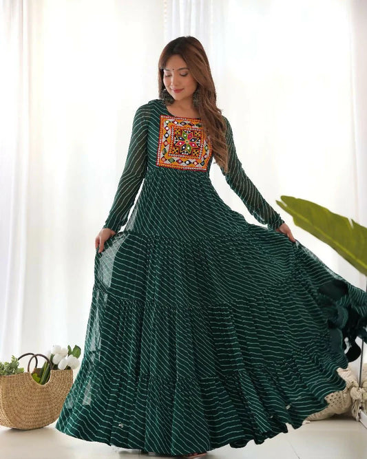 Joban Fashion Bottle Green Kurta Set with Chanderi Sequence & Embroidery Work (NKB-43): The Ultimate Festive & Formal Indian Ethnic Wear for Women Featuring Premium Chanderi Silk Fabric, Elegant Bottle Green Color, 3/4th Sleeves, Round Neck