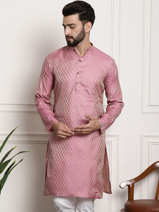 Sojanya Men Pink & Beige Ethnic Motifs Jacquard Woven Design Straight Kurta | Swadesiicart