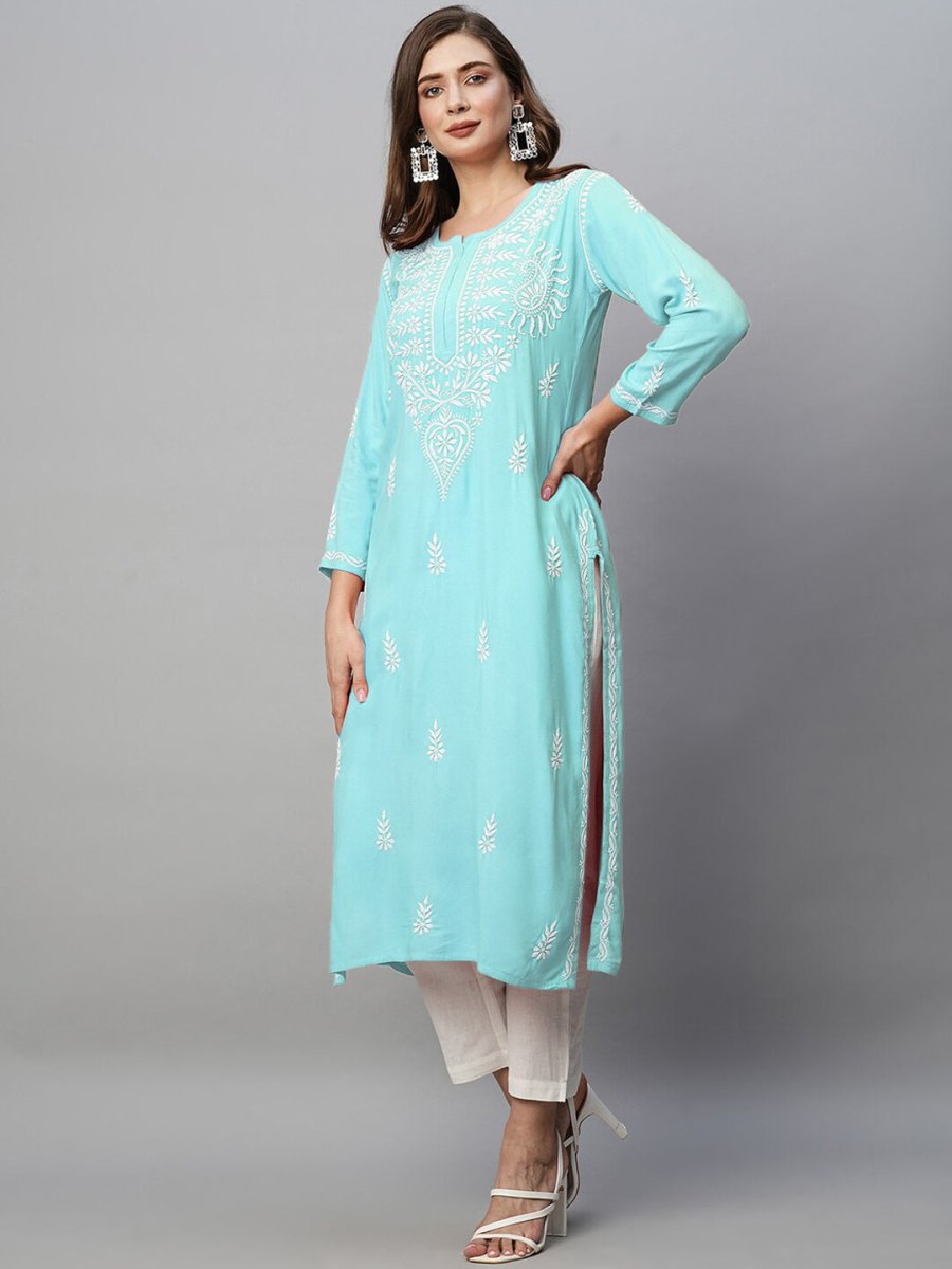 ADA Ethnic Motifs Embroidered Chikankari Cotton Kurta | Swadesiicart