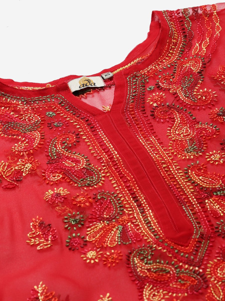 ADA Women Red & Yellow Sheer Chikankari Embroidered Straight Sustainable Handloom Kurta with Inner | Swadesiicart