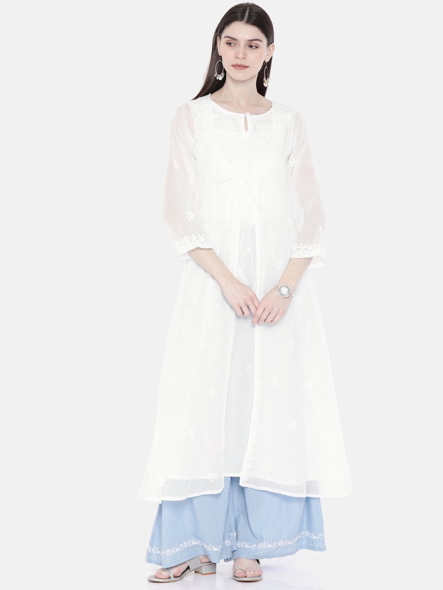 ADA Women White Embroidered Layered A-Line Chikankari Sustainable Kota Handloom Kurta | Swadesiicart
