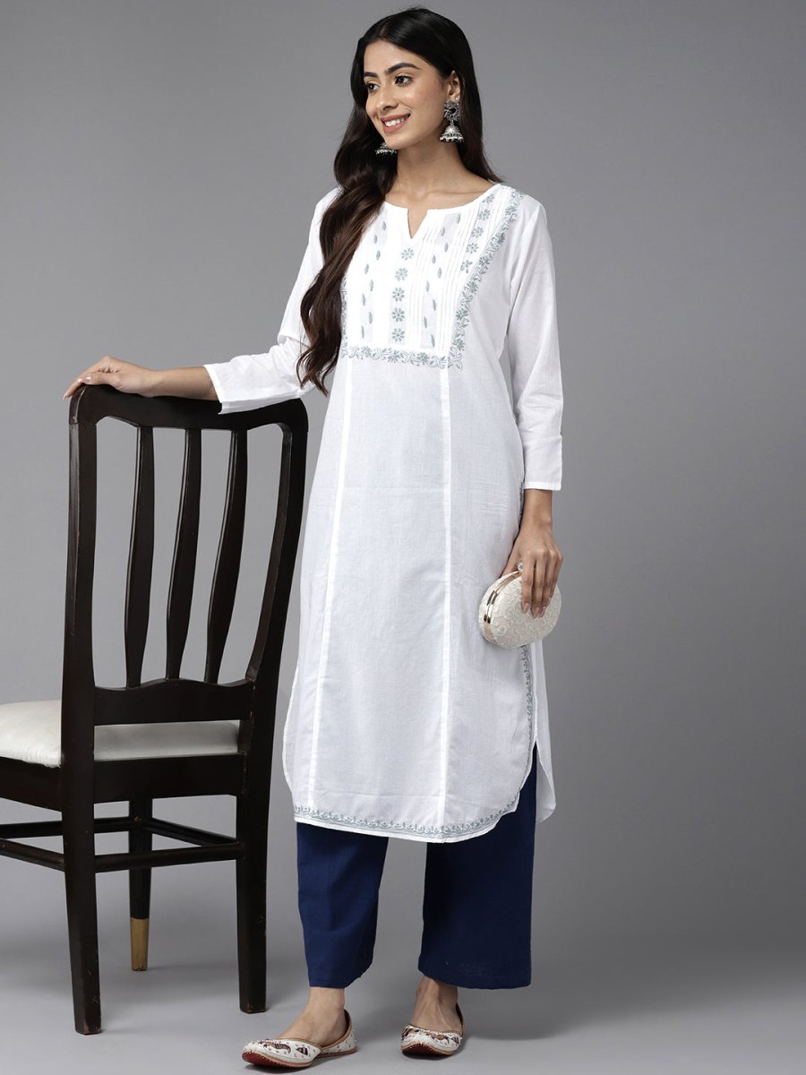 ADA Ethnic Motifs Embroidered Chikankari White Romance Kurta | Swadesiicart
