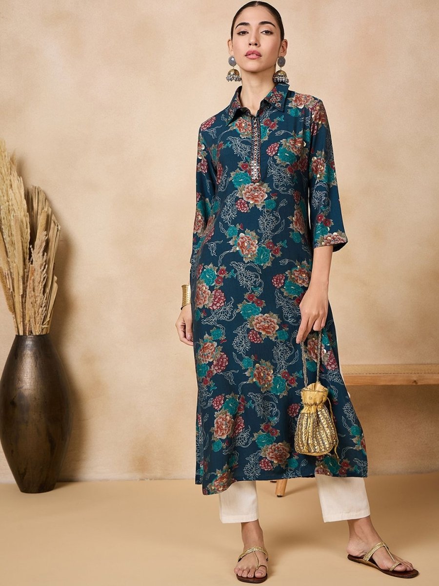 Anouk Floral Printed Mirror Work Straight Kurta - Swadesiicart