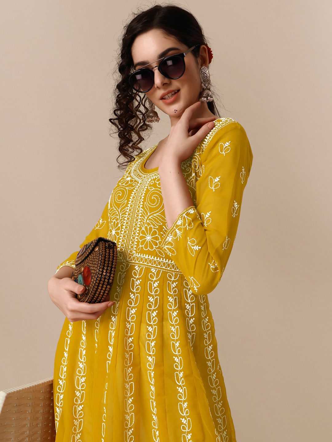 HERE&NOW Ethnic Motifs Embroidered Chikankari Georgette Anarkali Kurta | Swadesiicart