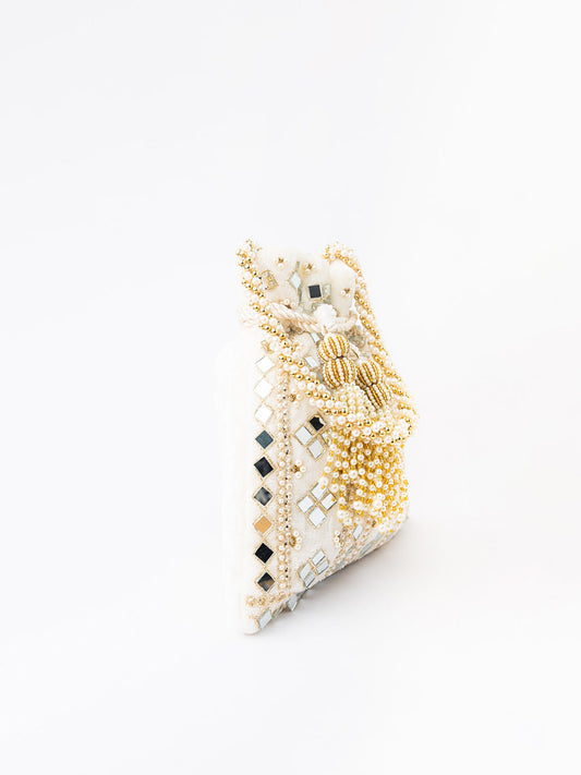 NR By Nidhi Rathi White Mirror Work Embroidered Potli Clutch - Swadesiicart