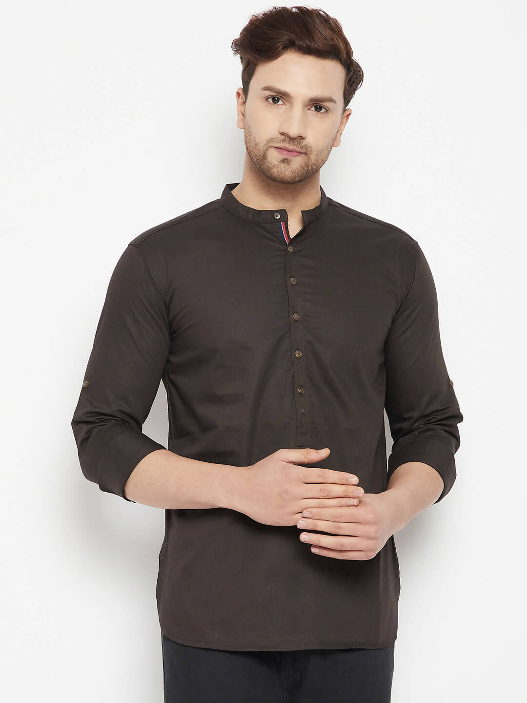 Even Apparels Brown Pure Cotton short Men's Kurta With Band Collar | Swadesiicart