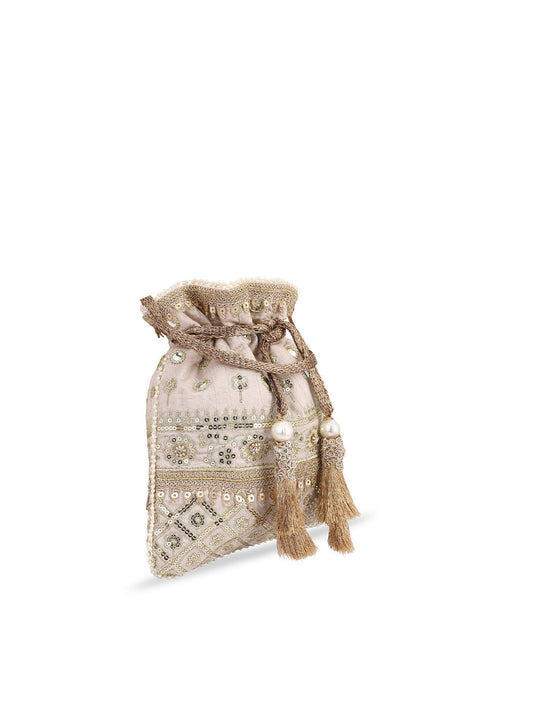 Masq Women Beige & Gold-Toned Embellished Potli - Swadesiicart