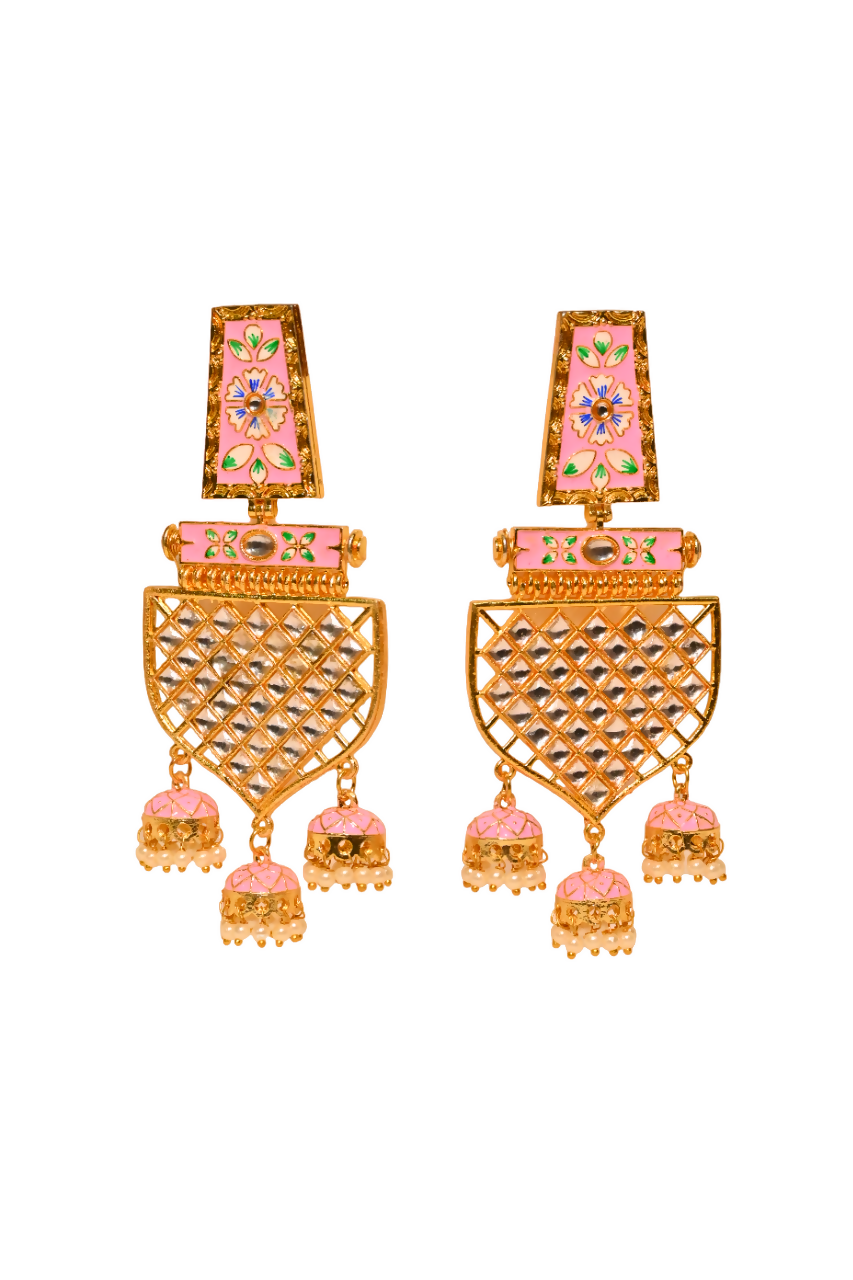 Traditional Gold-Polished Meenakari Pink Jhumka Jhumki Earrings By House of Ree - Swadesiicart