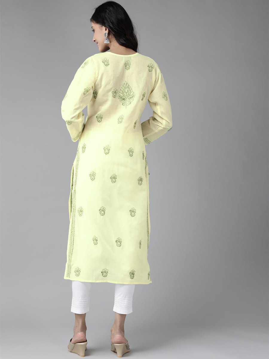 ADA Women Yellow & Green Embroidered Chikankari Handloom Kurta Handloom Kurta with Trousers | Swadesiicart