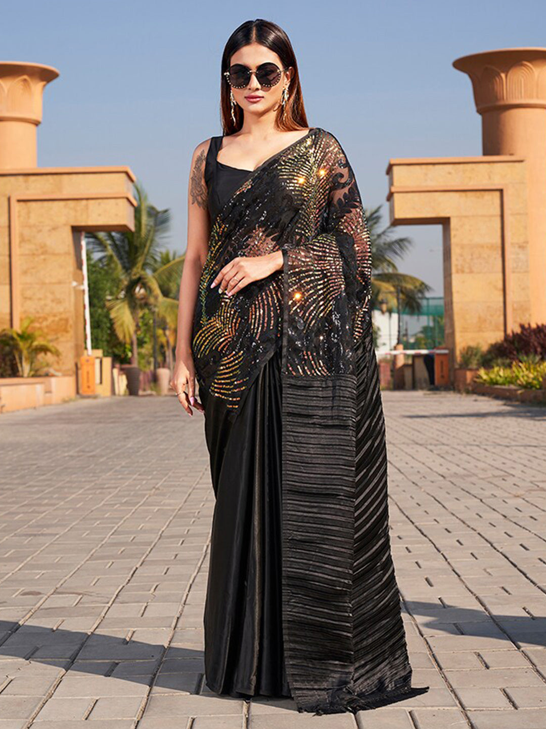Tikhi Imli Sequinned Satin Saree | Swadesiicart