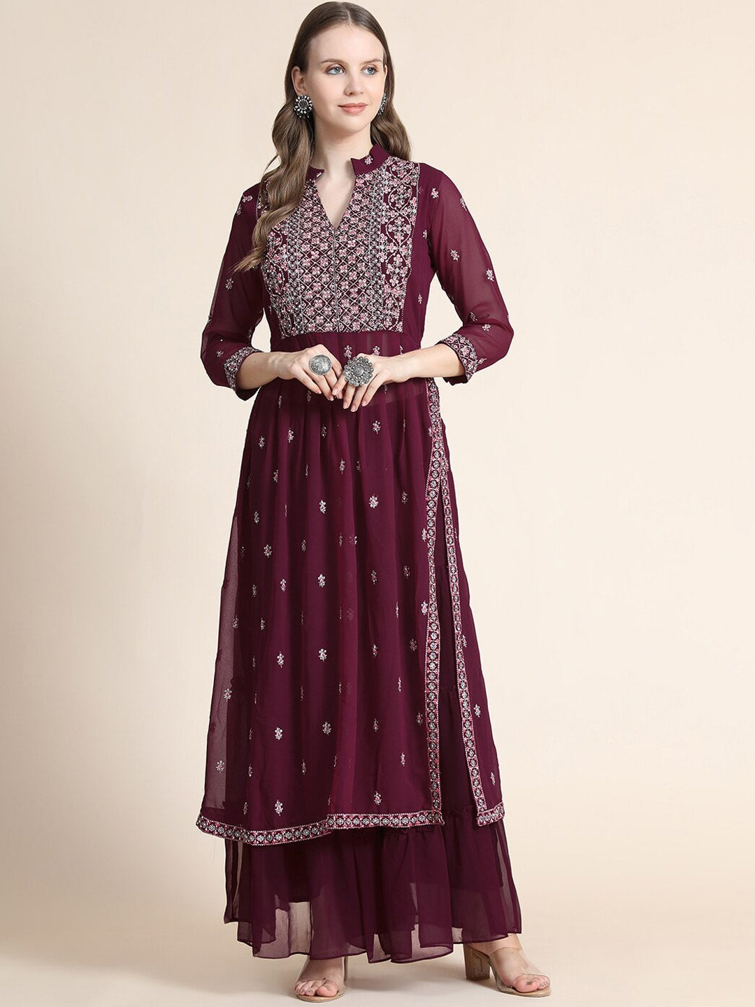 Kalini Women Burgundy Floral Yoke Design Empire Silk Georgette Kurta with Sharara | Swadesiicart
