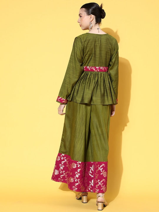 InWeave Women's Olive Pink Brocade Mughal Shaan Kurta Palazzo Set - Swadesiicart