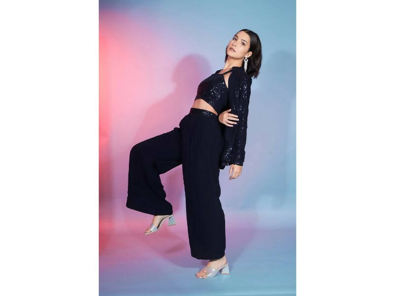 Navy Georgette Sequence With Thread Designer Co-Ord Set - Flory - Swadesiicart