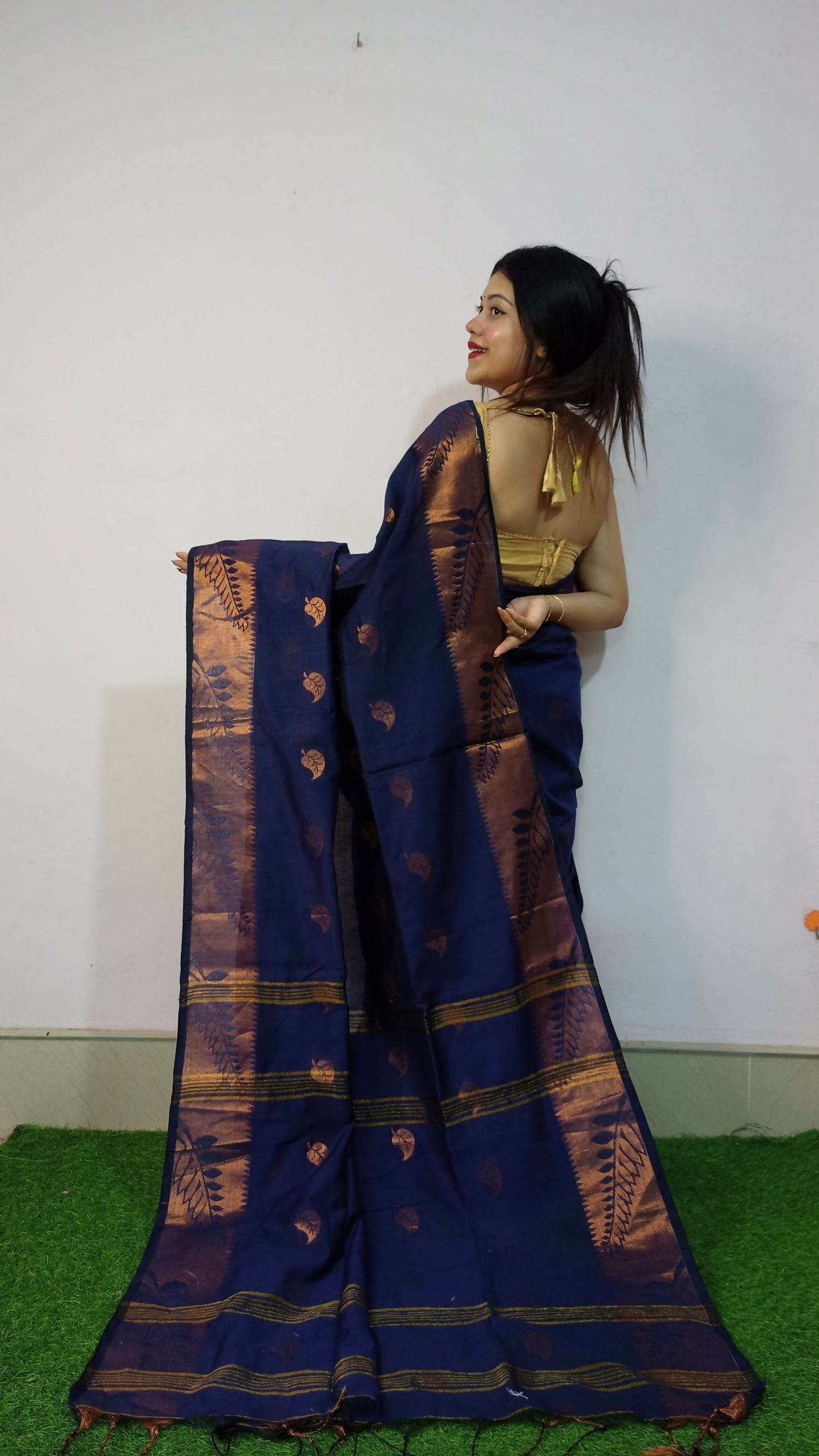 Exclusive Collection Beautiful Navy Blue Cotton Silk Woven Handloom Saree With Running Blouse Piece - Swadesiicart