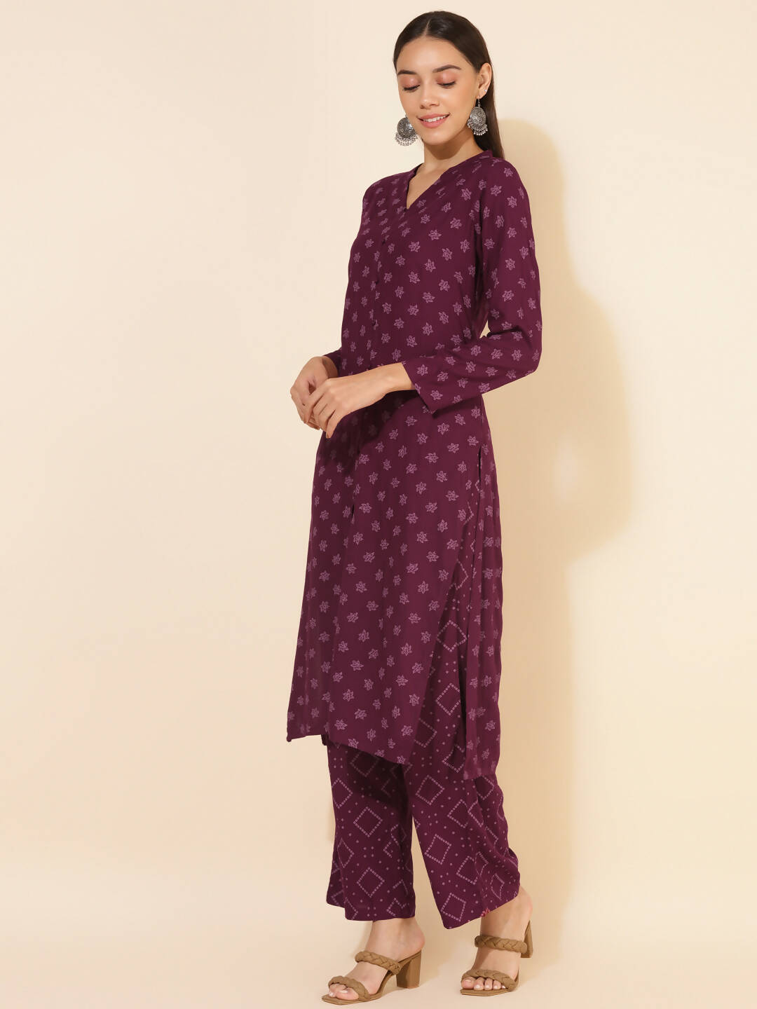 Janasya Women's Wine Rayon Floral Printed Casual Straight Co-ords - Swadesiicart