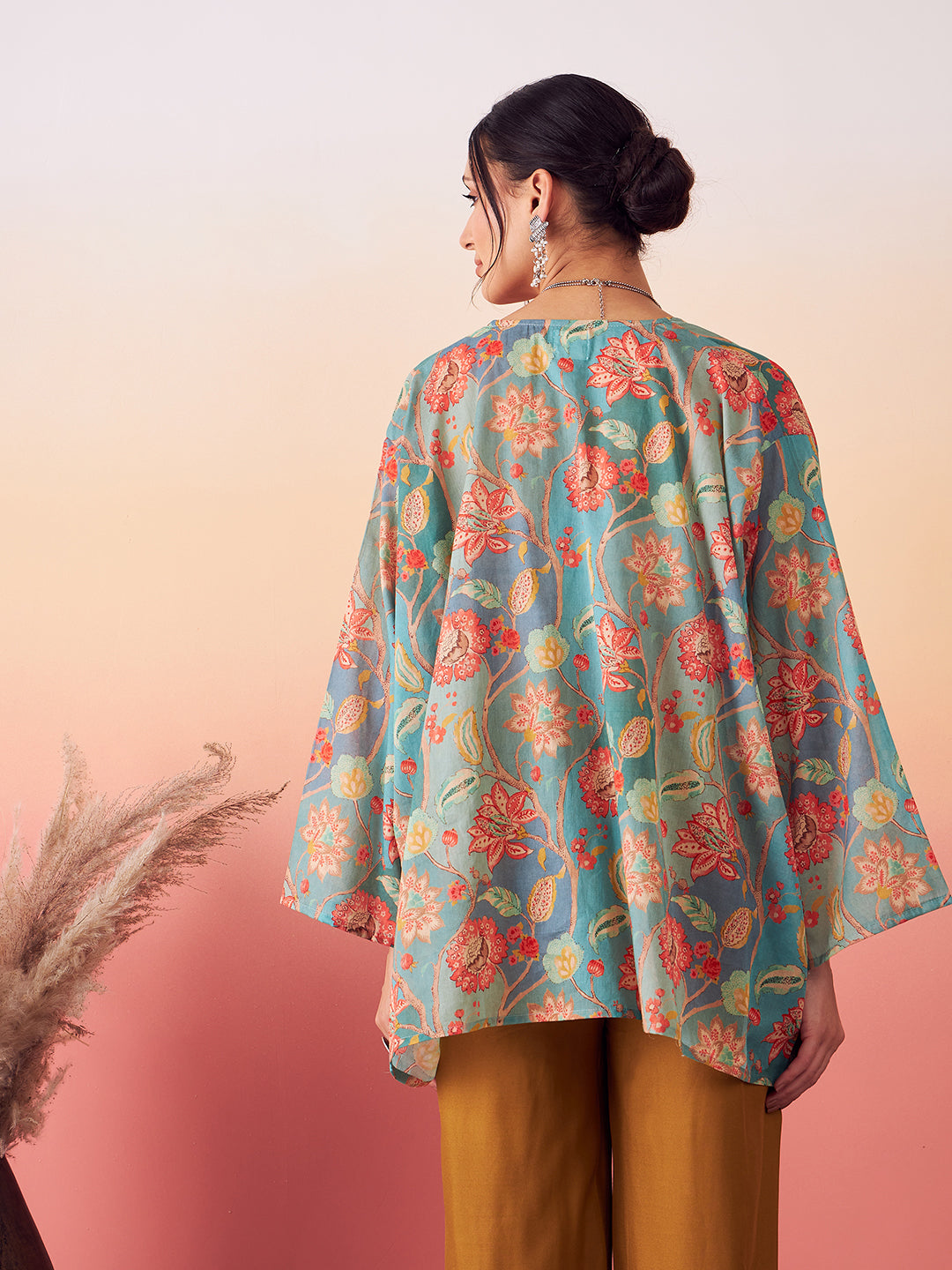 InWeave Women's Light Blue Floral Digital Print Kaftan Boho Top - Swadesiicart
