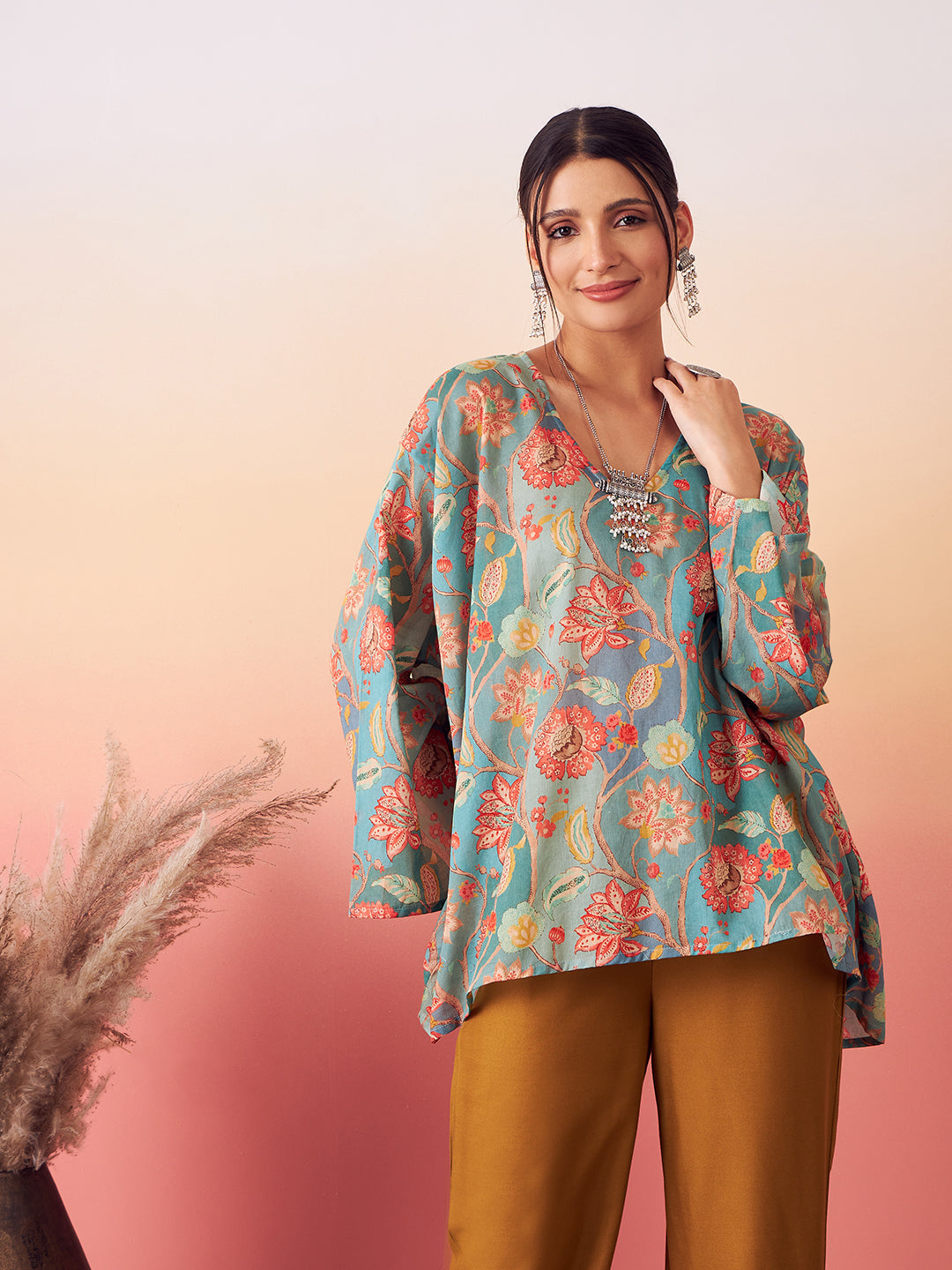 InWeave Women's Light Blue Floral Digital Print Kaftan Boho Top - Swadesiicart