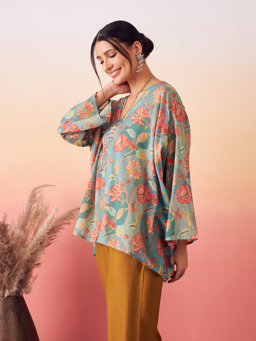 InWeave Women's Light Blue Floral Digital Print Kaftan Boho Top - Swadesiicart