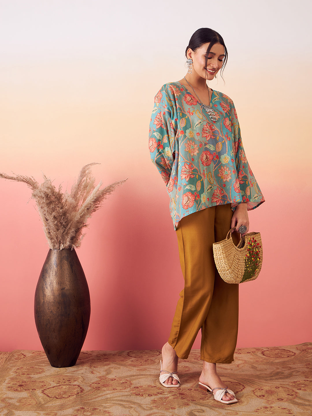 InWeave Women's Light Blue Floral Digital Print Kaftan Boho Top - Swadesiicart