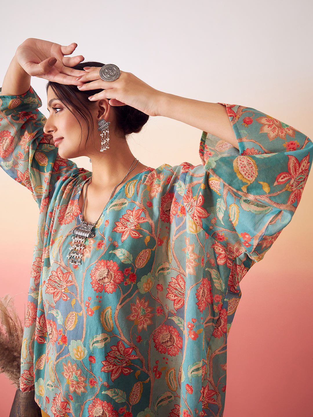 InWeave Women's Light Blue Floral Digital Print Kaftan Boho Top - Swadesiicart