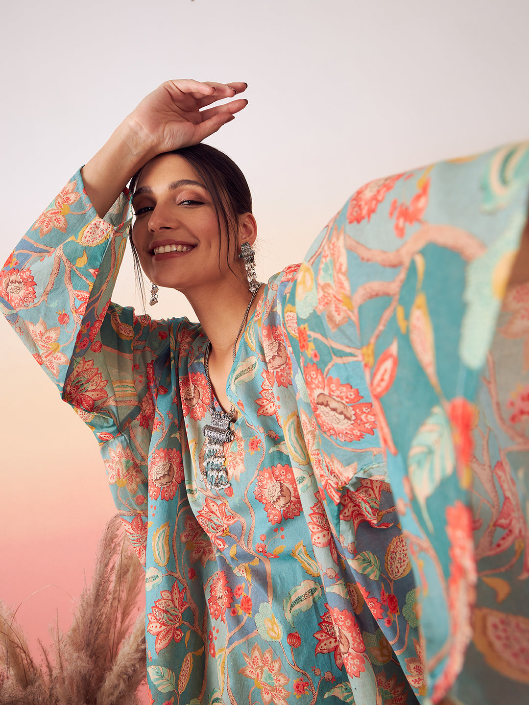 InWeave Women's Light Blue Floral Digital Print Kaftan Boho Top - Swadesiicart