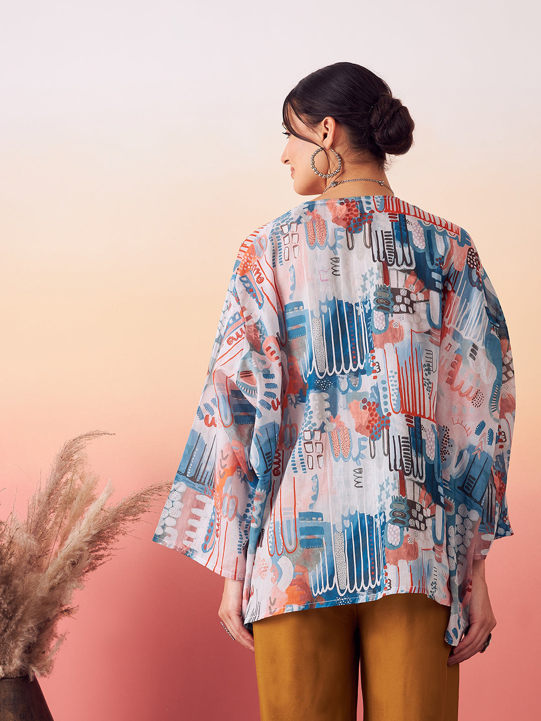 InWeave Women's Powder Blue Digital Print Kaftan Boho Top - Swadesiicart
