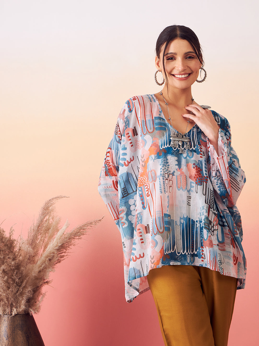 InWeave Women's Powder Blue Digital Print Kaftan Boho Top - Swadesiicart