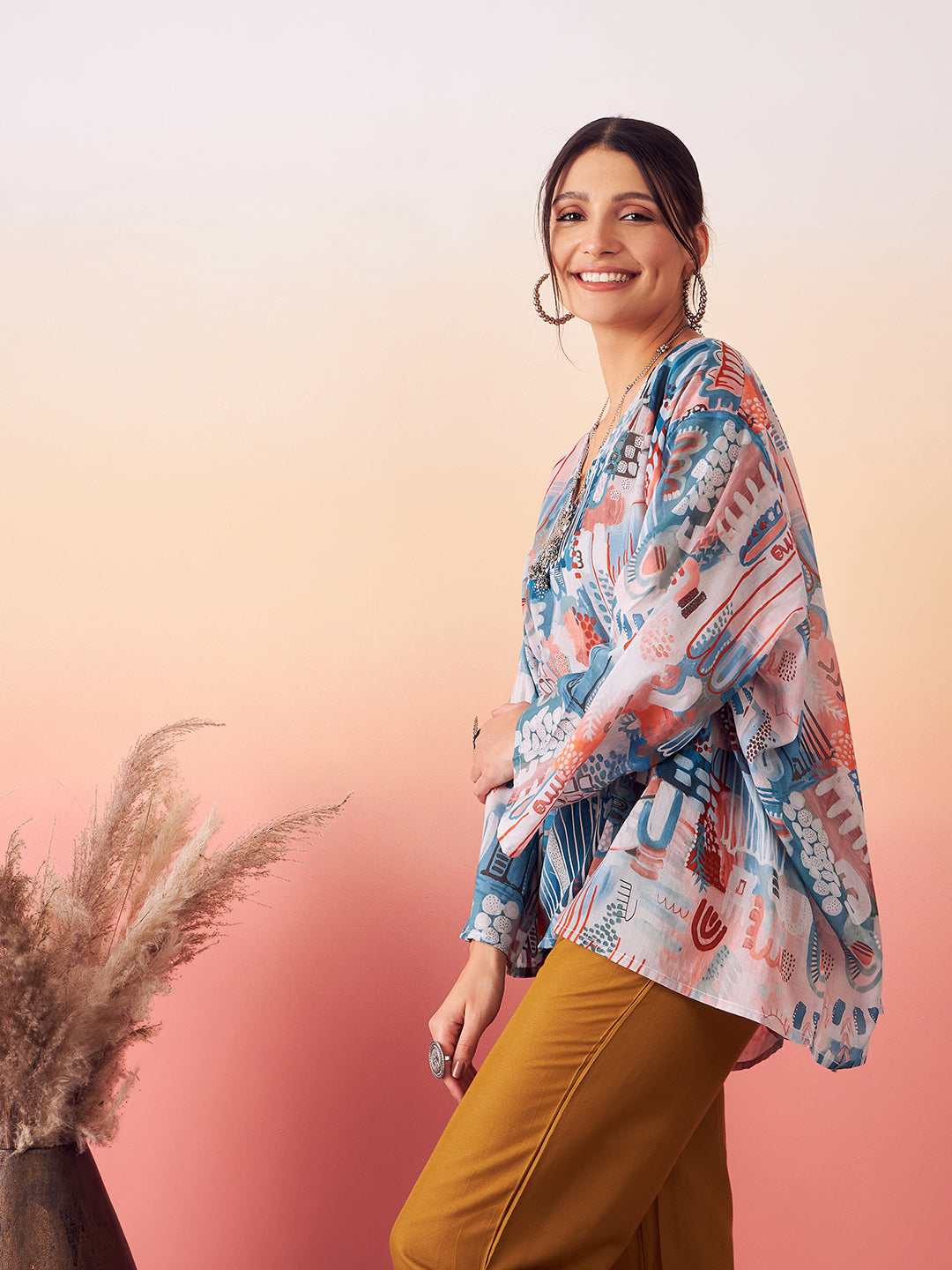 InWeave Women's Powder Blue Digital Print Kaftan Boho Top - Swadesiicart