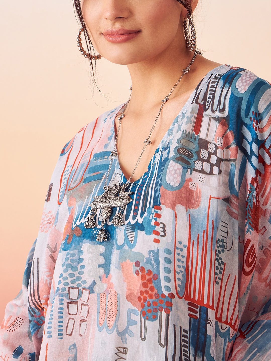 InWeave Women's Powder Blue Digital Print Kaftan Boho Top - Swadesiicart