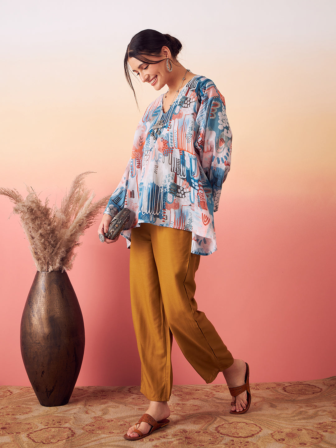 InWeave Women's Powder Blue Digital Print Kaftan Boho Top - Swadesiicart