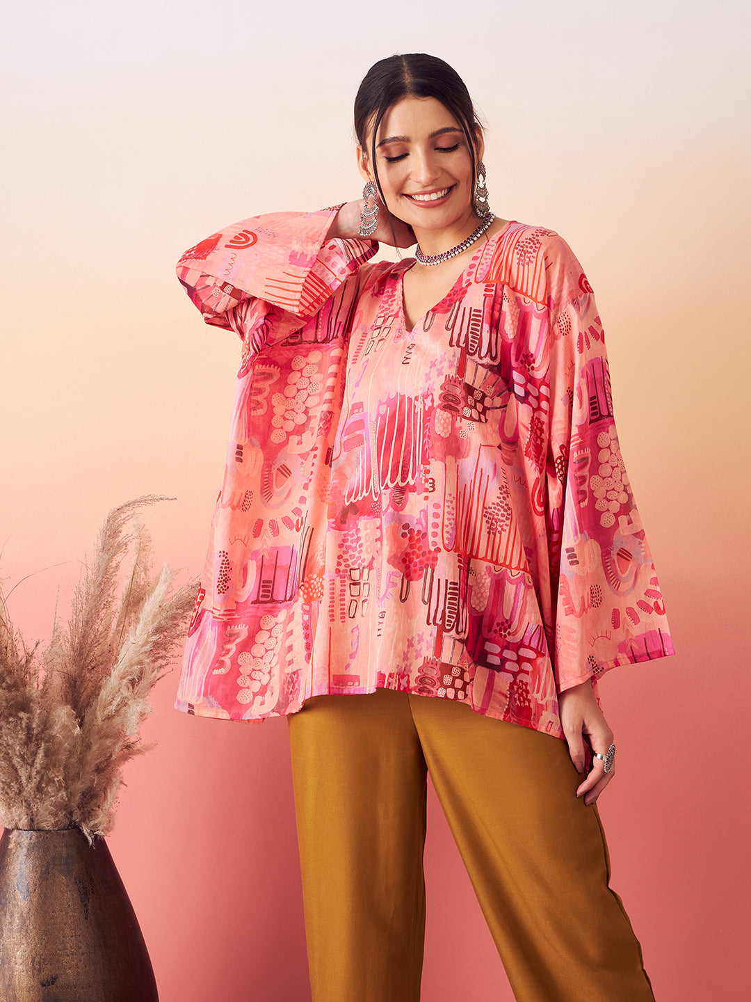 InWeave Women's Peach Red Digital Print Kaftan Boho Top - Swadesiicart