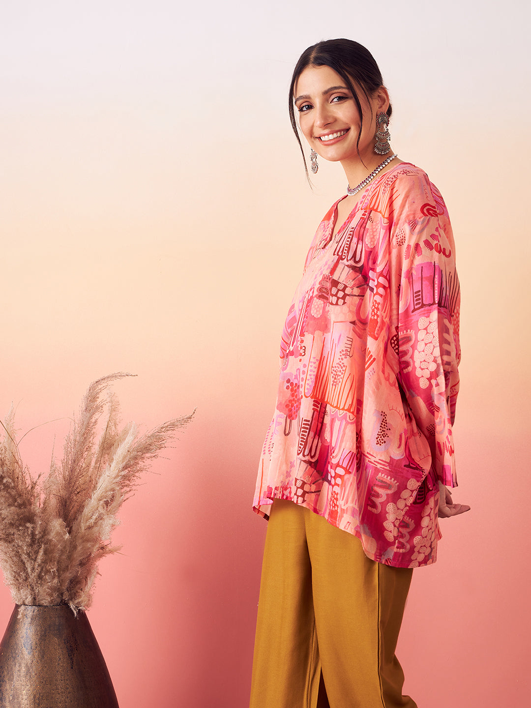 InWeave Women's Peach Red Digital Print Kaftan Boho Top - Swadesiicart