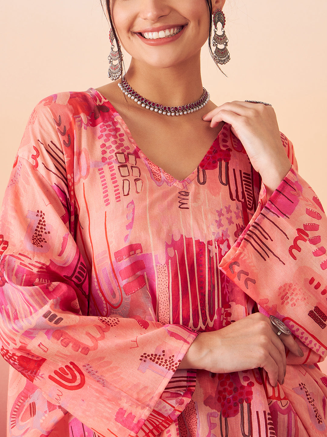 InWeave Women's Peach Red Digital Print Kaftan Boho Top - Swadesiicart