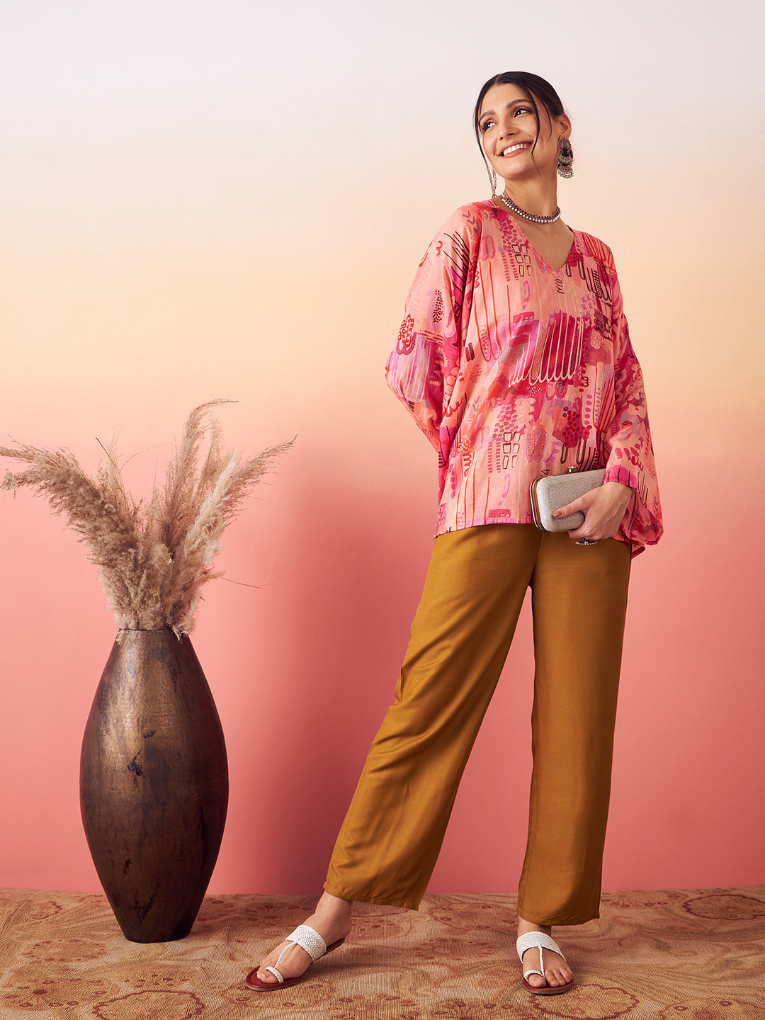 InWeave Women's Peach Red Digital Print Kaftan Boho Top - Swadesiicart