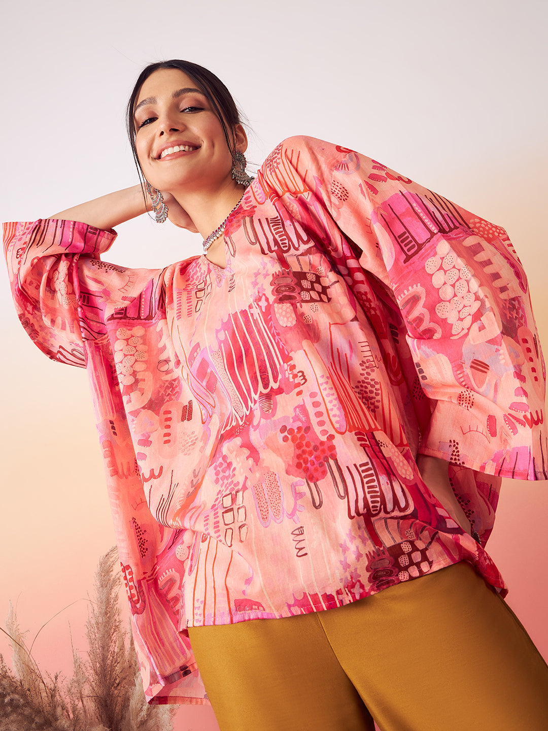 InWeave Women's Peach Red Digital Print Kaftan Boho Top - Swadesiicart