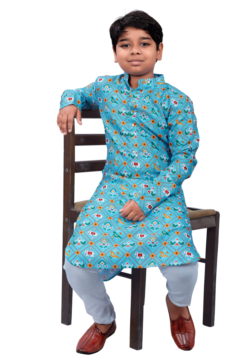 DEIANA'S Casual Designer Kurta Pyjama Set For Boys And kids (Sky Blue Blue With Multicolor) | Swadesiicart