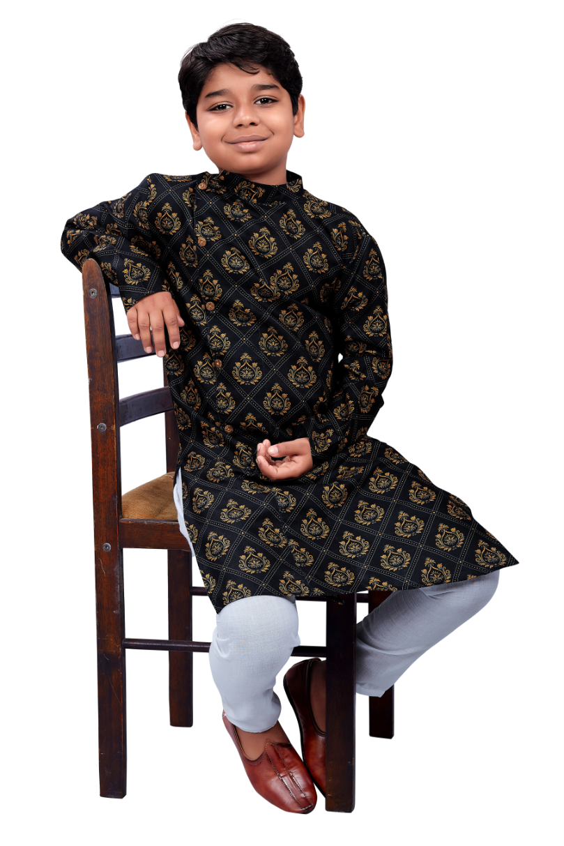 DEIANA'S Casual Designer Kurta Pyjama Set For Boys And kids (Black With Golden) | Swadesiicart