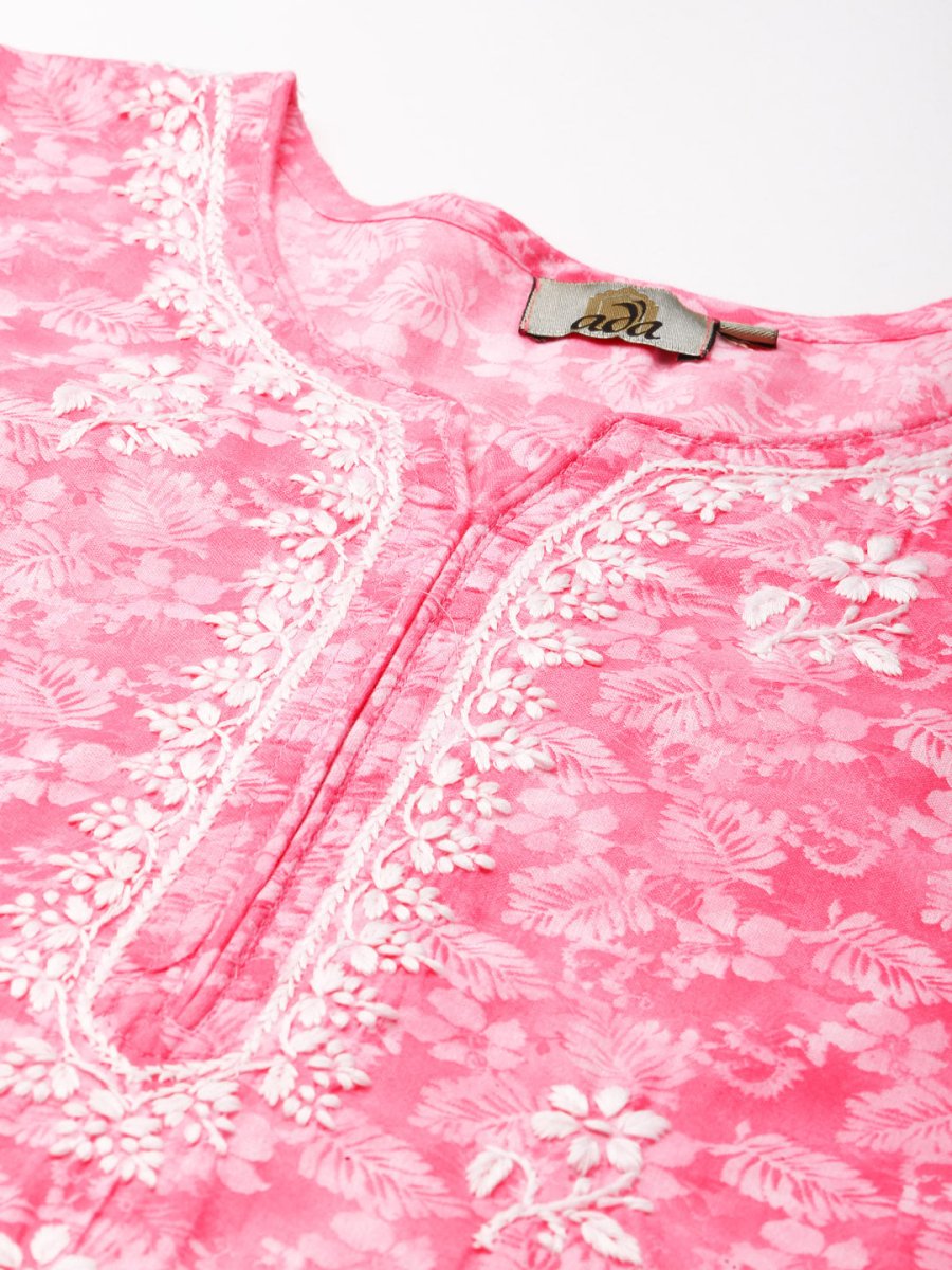 ADA Women Pink & White Floral Chikankari Cotton Handloom Kurta | Swadesiicart