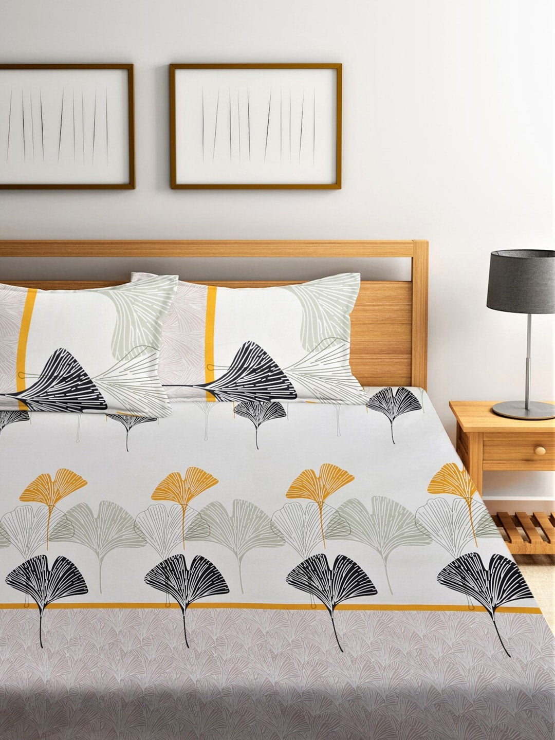 Home Sizzler Grey & Yellow Floral 210 TC Queen Bedsheet with 2 Pillow Covers - Swadesiicart