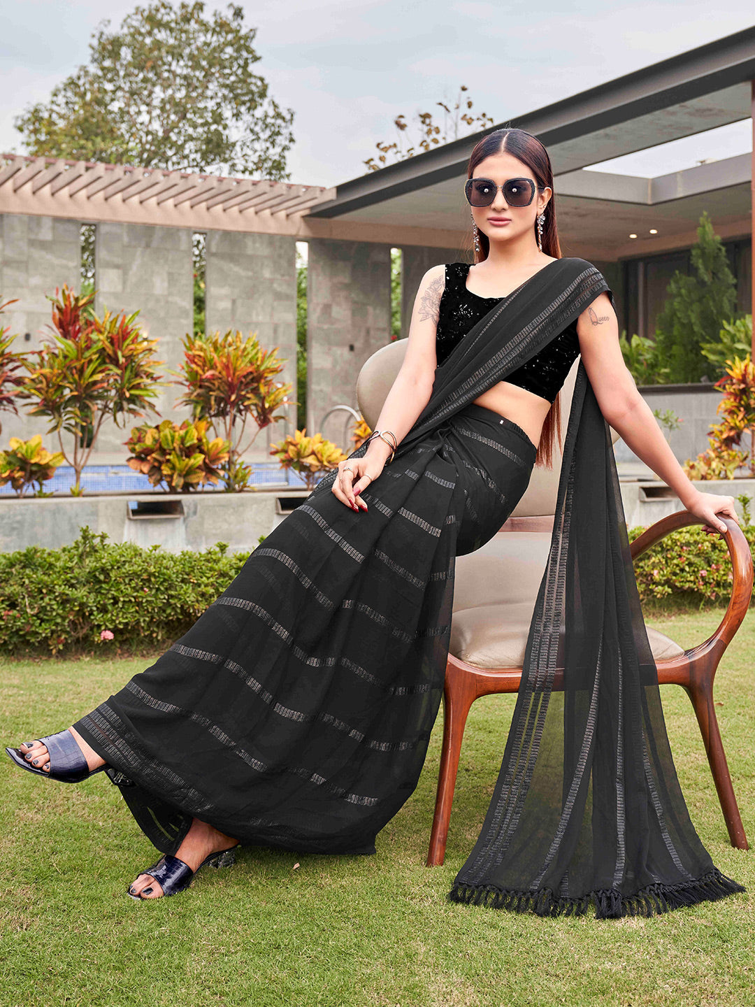 Tikhi Imli Black Striped Sequinned Saree | Swadesiicart