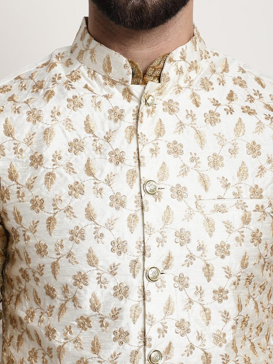 Sojanya Men Blue Ethnic Motifs Kurta with Pyjamas & Nehru Jacket | Swadesiicart