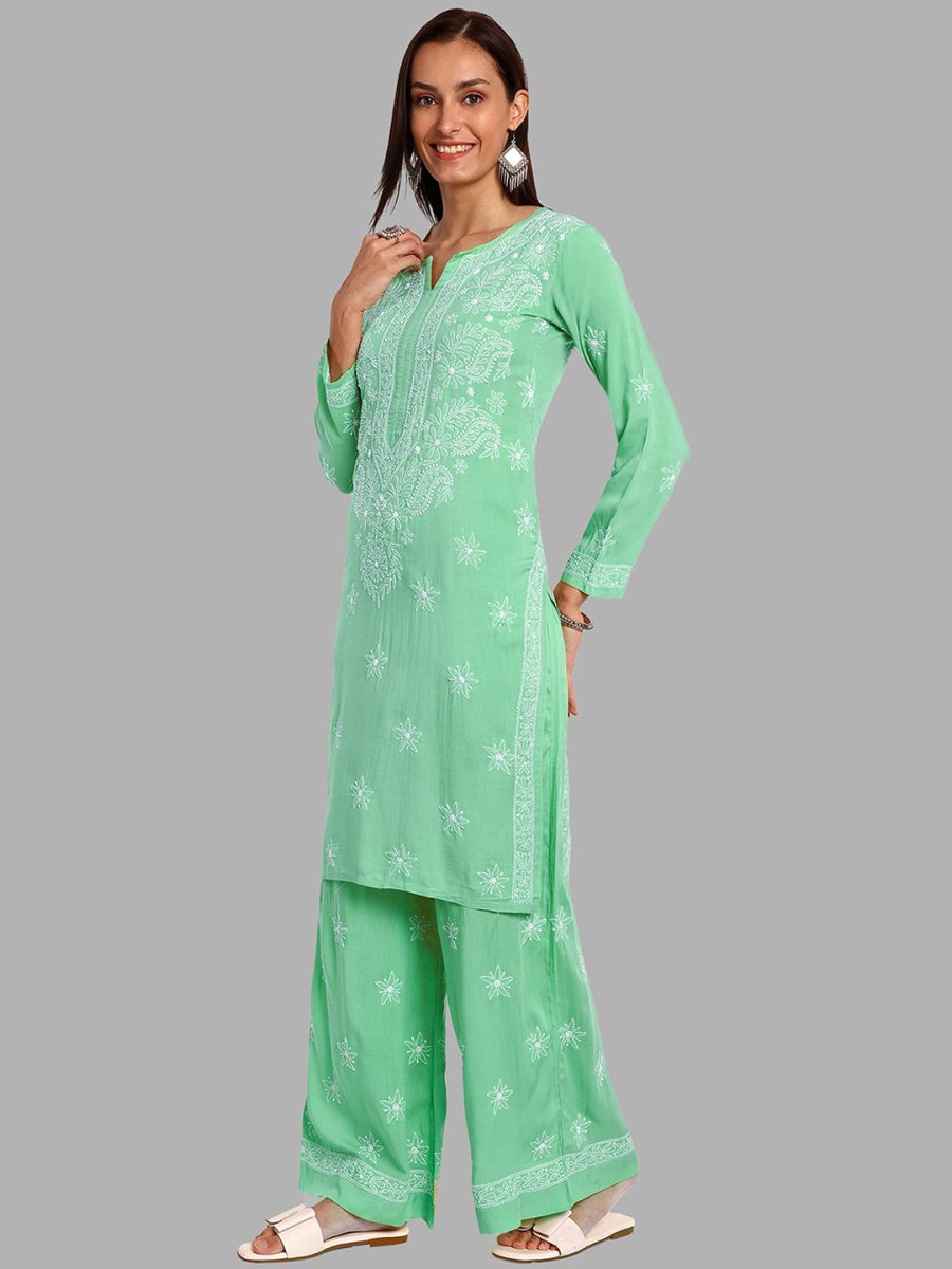 ADA Floral Embroidered Long Sleeves Regular Lucknowi Chikankari Kurta With Palazzos | Swadesiicart