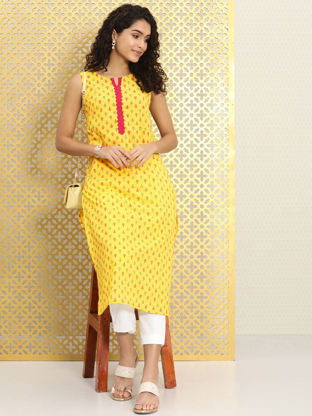 Ode by House of Pataudi Women Yellow Ethnic Motifs Printed Rozana Straight Kurta - Swadesiicart