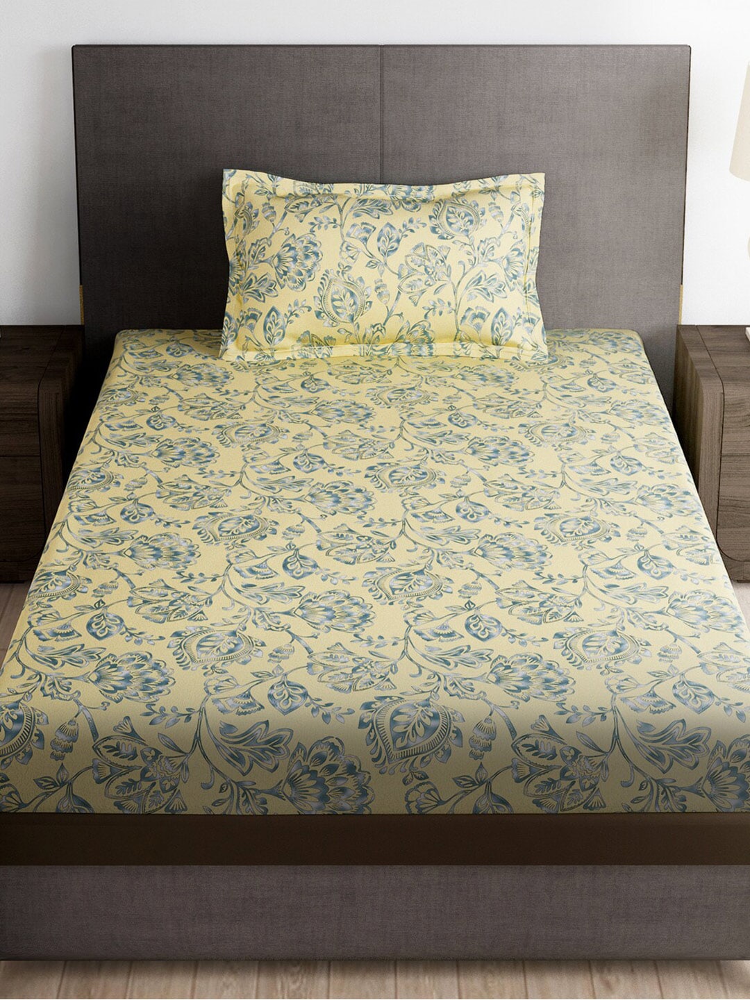 Story@home Cream-Coloured & Grey Floral Microfiber 180 TC Bedsheet & Pillow Cover - Swadesiicart