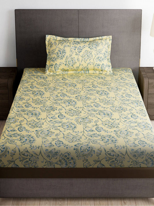 Story@home Cream-Coloured & Grey Floral Microfiber 180 TC Bedsheet & Pillow Cover - Swadesiicart