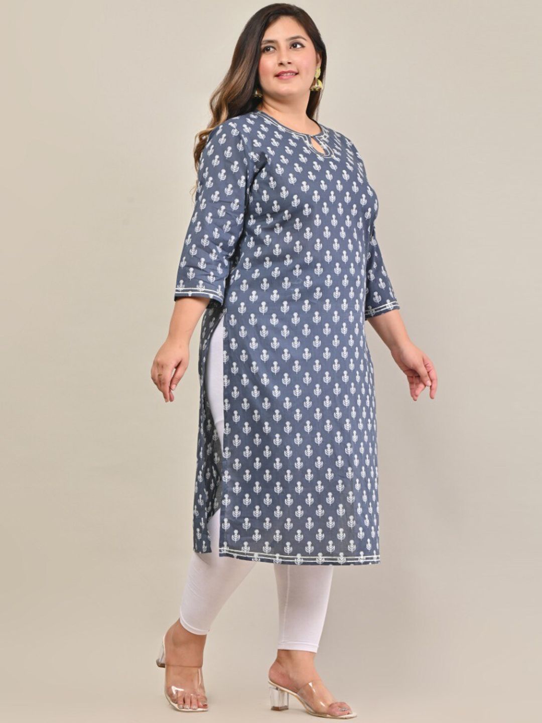 Swasti Plus size Floral Printed Keyhole Neck Cotton Kurta - Swadesiicart