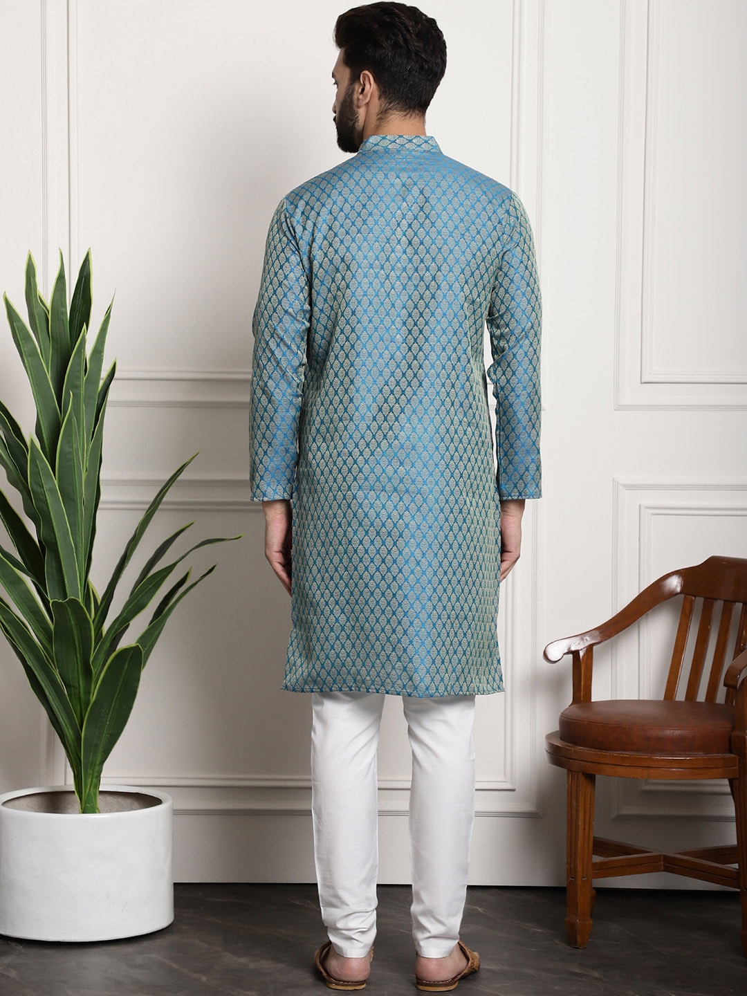 Sojanya Men Blue & Off-White Woven Design Kurta with Churidar | Swadesiicart